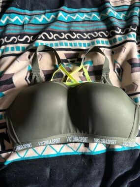 Victoria Sport Olive Green Padded Sports Bra with Neon Strap Detail